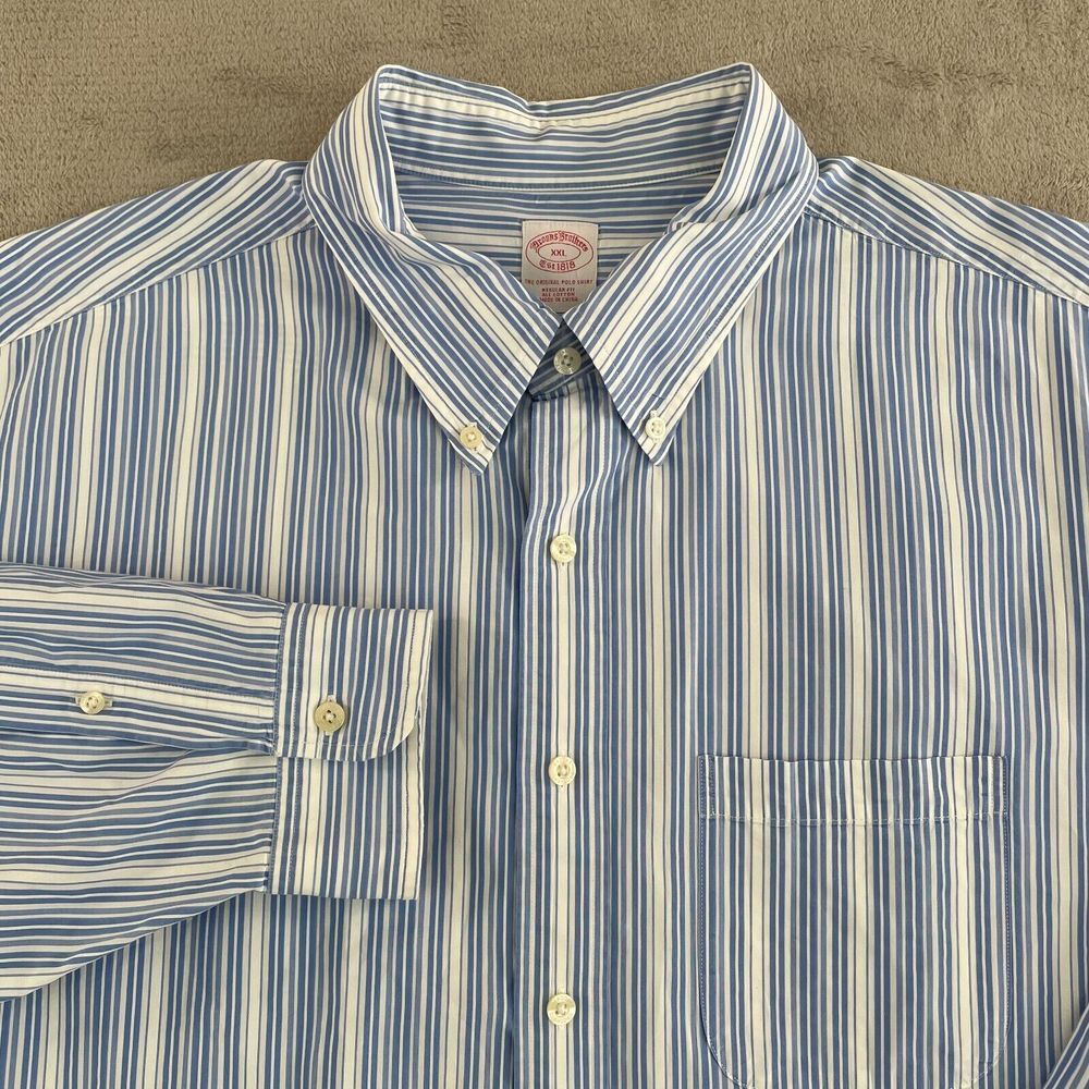 Brooks Brothers Shirt Men 2XL Blue Stripe Regular Fit Short Sleeve Preppy Office